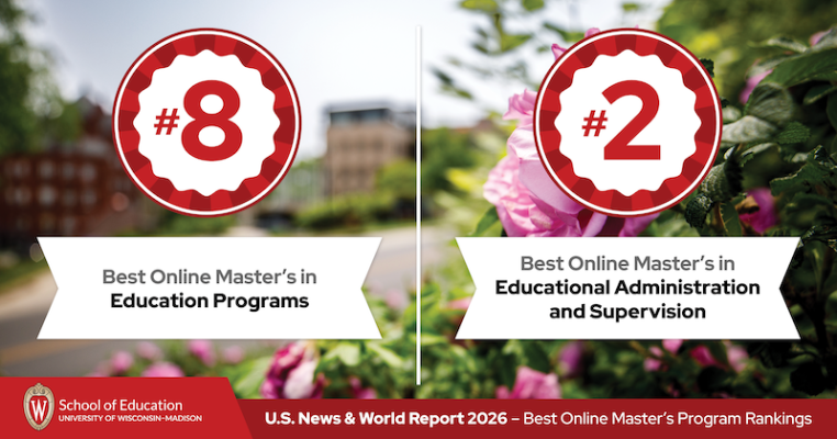 A graphic that has two red and white badges that read, "#8" and "#2." Below "#8" in a white banner reads, "Best Online Master's in Education Programs." Below "#2" in a white banner reads, "Best Online Master's in Educational Administration and Supervision." At the bottom in a red banner is the School of Education logo and text that reads, "U.S. News & World Report 2026 - Best Online Master's Program Rankings."